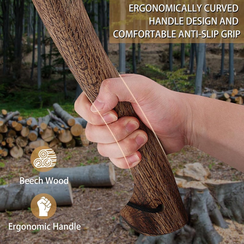 DWFKHT Hatchet, 15.7" Camping Axe with Leather Sheath, Bushcraft Axe with 1065 Carbon Steel & Beech Handle, Survival Hatchet for Wood Splitting and Chopping - Perfect for Gardening and Outdoor - Image 3